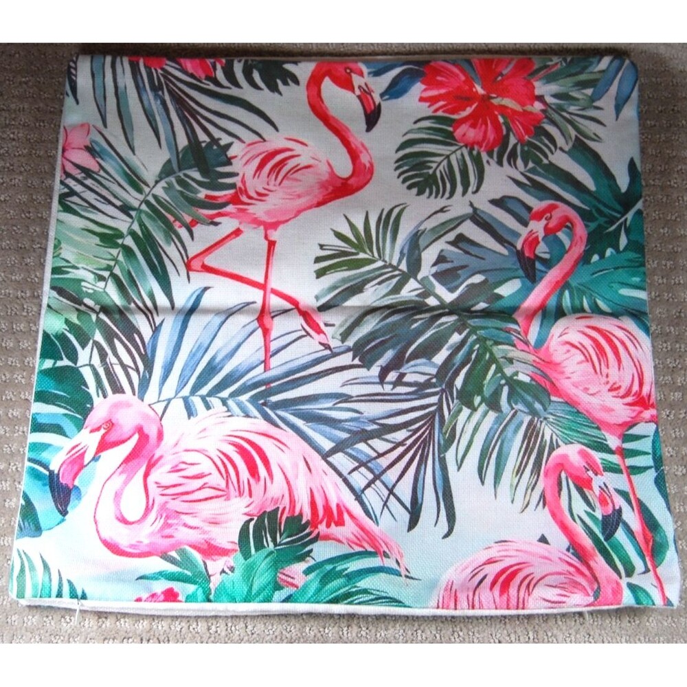 Pink Flamingo Pillow Covers Set of 2 Tropical Palm Hibiscus Beachy Resort 17x17